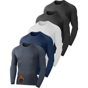 Men's 5-Pack Fleece-Lined Thermal Compression Shirts, Plain Stretch Fabric Menswear, Long-Sleeve Athletic Base Layer Undershirts for Winter Outdoor Workout Gear, 2 Black/White/Blue/Dark/Gray