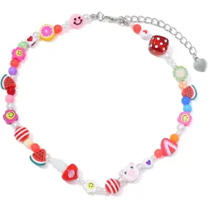 Y2K Necklace for Women Colorful Fruit  Choker Necklace Cute Mushroom Yin Yang Beaded Necklace   Flower  (Style 3)