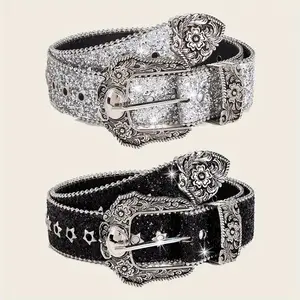 Fashionable Y2k Rhinestone Decor Belt, Sparkle Adjustable Statement Accessory for Easter & Parties, Hip Hop Cowboy Cowgirl Belts, Unisex Fashion Belt for Men & Women Daily Jeans & Outfits Decor