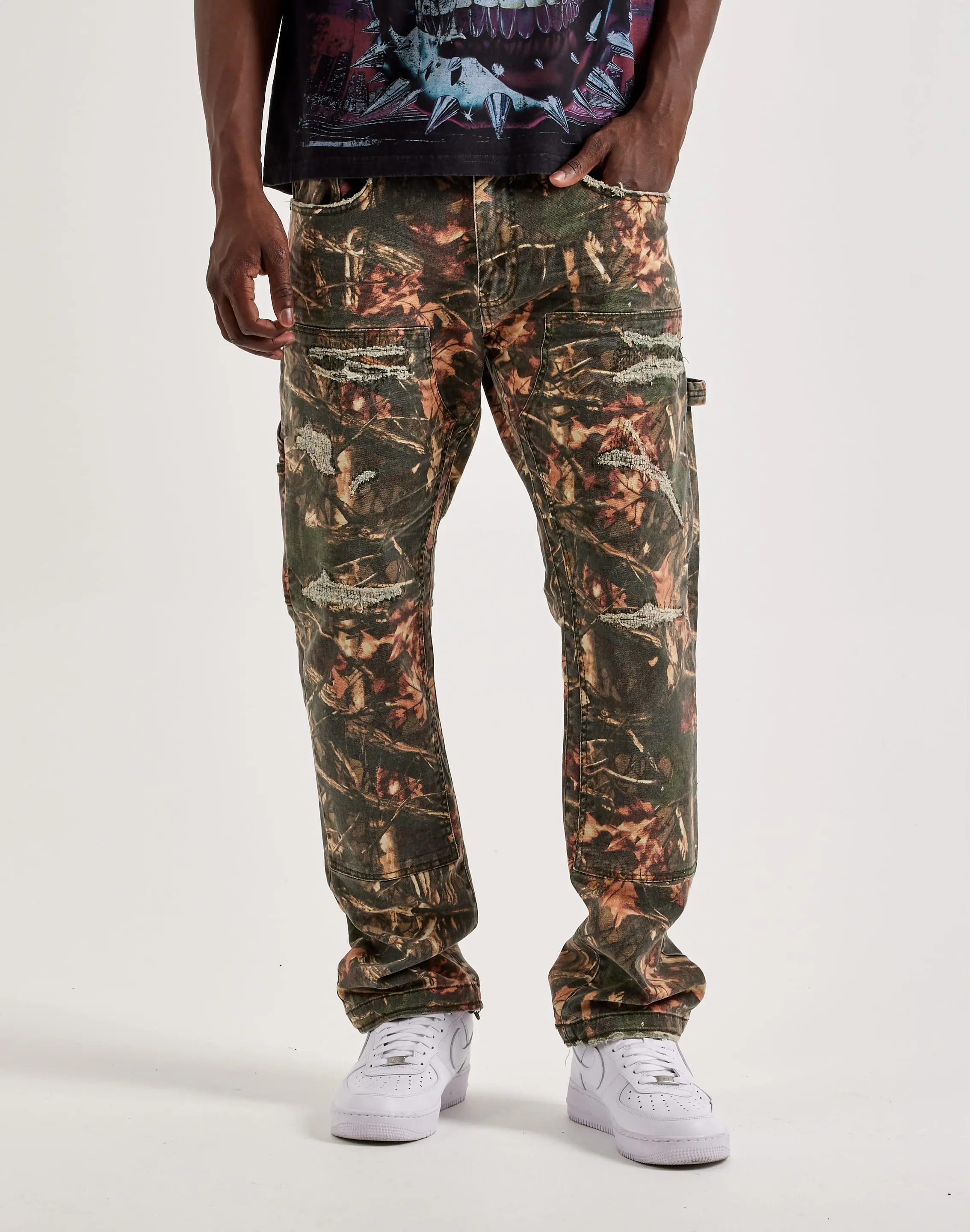Mens Jordan Craig Collins Distressed Camo Carpenter Straight Pants