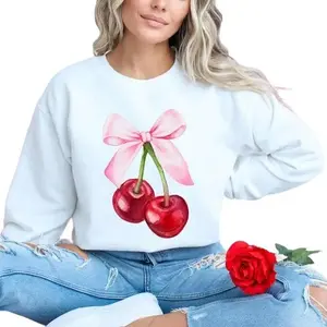 Coquette Pink Bow Cherry Crewneck Sweatshirt, Pink Bow Crewneck Sweatshirt, Cherries Coquette Sweatshirt, Cherry Sweater, Trendy Coquette Shirt, Girly Crewneck, Soft Girl Era, Gift for Her, Women Shirt, Gift for Wife, Wife Mom Shirt