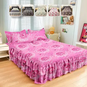 2/3pcs Pink Rose Bed Skirt Fitted Sheet Set, Sweet Princess Style, 38cm/14.96" Long Ruffle Bed Skirt, Soft Breathable Bedding, Includes Pillowcases, Perfect for Girls Bedroom, Floral Bedding Sets