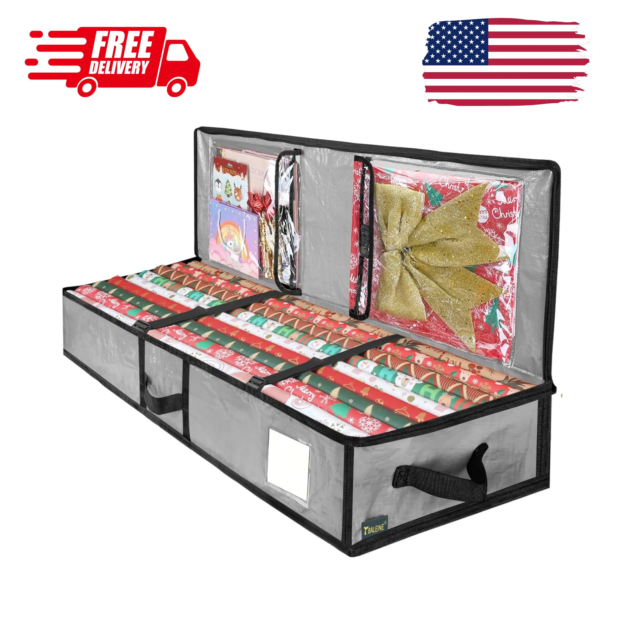 Soft Christmas Wrapping Paper Storage Bag, 40" with Flexible Partitions (Grey)
