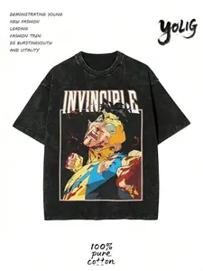 valentine shirts 230G Washed Cotton-Shirt, Men'S Casual Fashion, With Dark 'Invincible Comic Character Pattern And Text INVINCIBLE' Print, Outdoor Sports-Shirt |   Loose Fit |   Soft Knitted-Shirt
