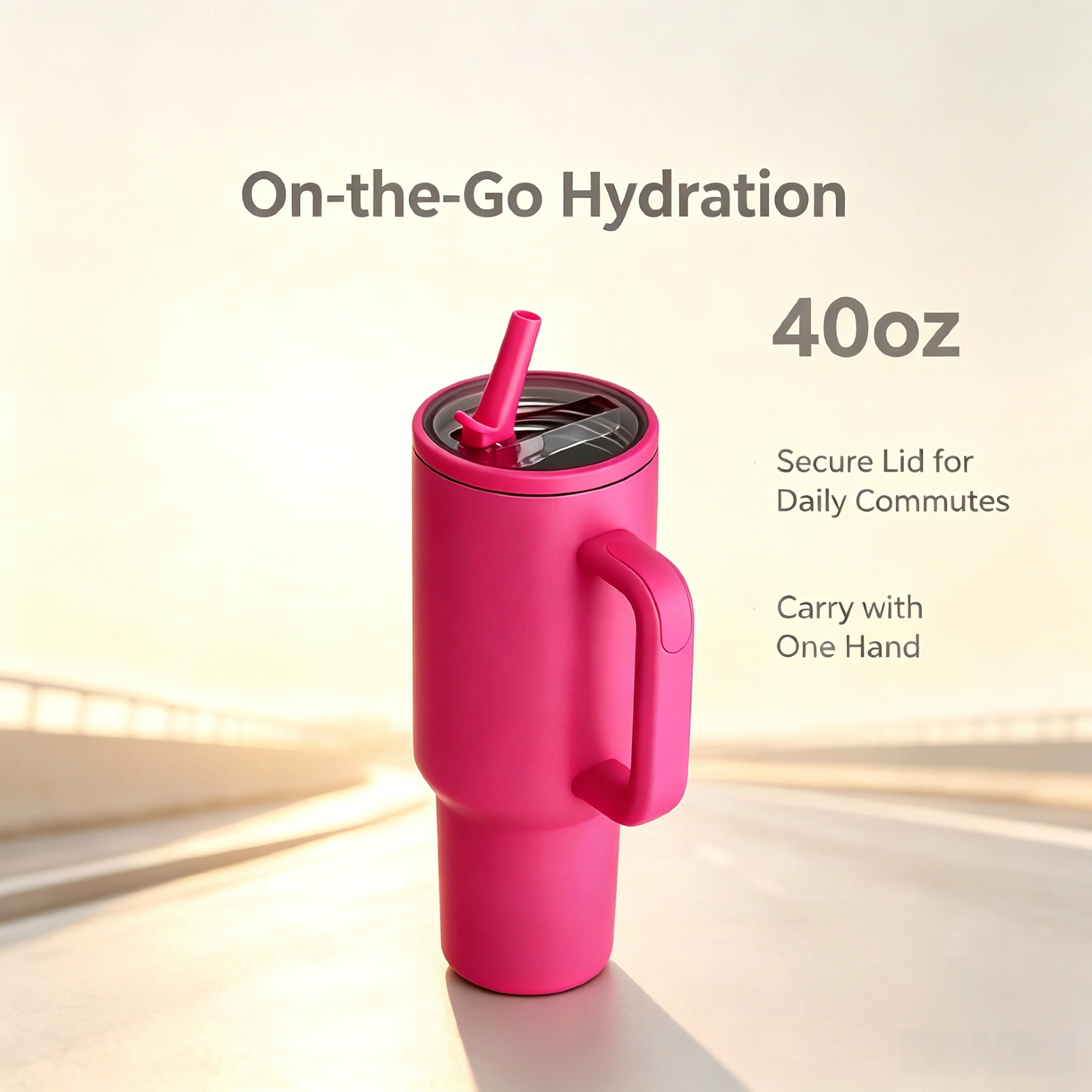 40oz Hot Pink Stainless Steel Tumbler With Handle, Leak Proof Lid & Straw, Insulated Travel Mug, Keeps Drinks Cold, Fits Car Cup Holders, Aesthetic Water Cup Gift For Women