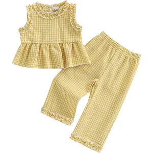 Cute Girls Children Apparel Kupretty Toddler Girl Clothes Baby Summer Outfits Gingham Ruffle Sleeveless Vest Shirt Tank Tops Pants Set 1T 2T 3T 4T 5T