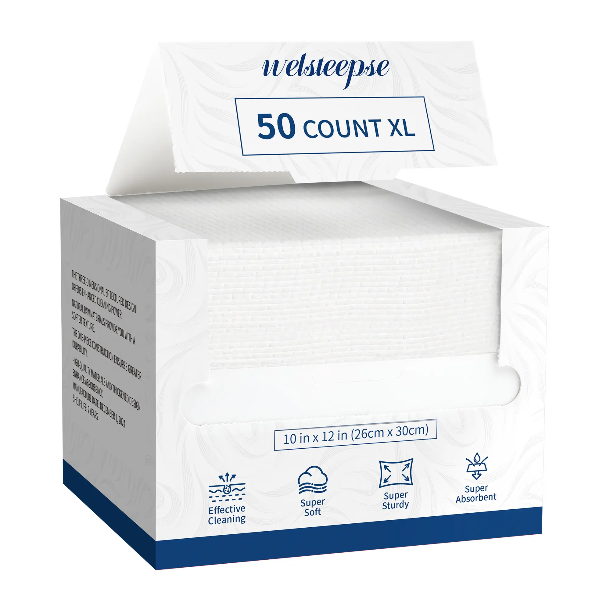 WELSTEEPSE XL Comfortable Ultra-Soft Disposable Face Towelettes, 50-Count Biobased Hypoallergenic Facial Tissue for Sensitive Skin, 10x12in Soft Tissue Bathing Accessory