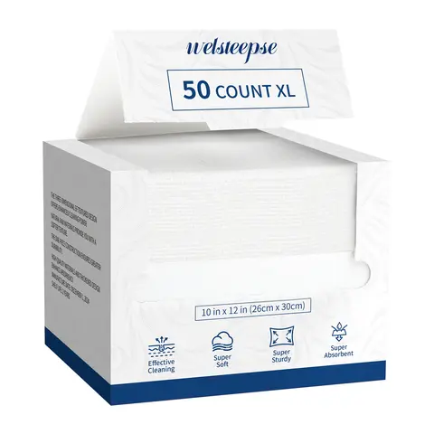 WELSTEEPSE XL Single-Use Plant-Based Tissues - 50-Piece High-Tenacity Eco-Friendly Biodegradable Hypoallergenic Soft Foldable 10x12 in Bathing Towel Accessory for Sensitive Skin Cleaning, Home & Travel Use