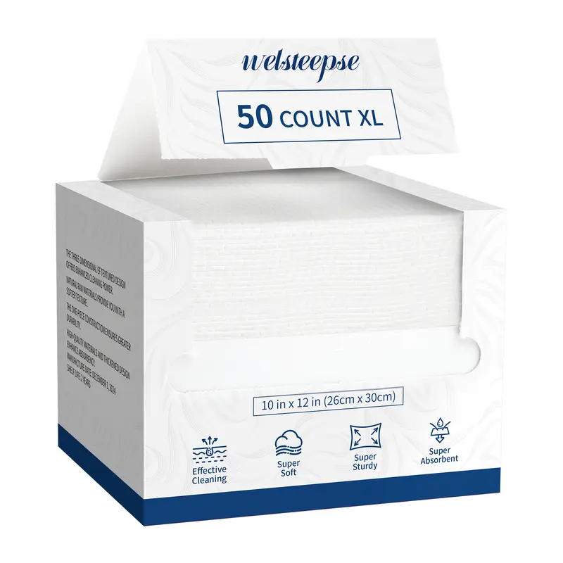 WELSTEEPSE XL Single-Use Plant-Based Tissues - 50-Piece High-Tenacity Eco-Friendly Biodegradable Hypoallergenic Soft Foldable 10x12 in Bathing Towel Accessory for Sensitive Skin Cleaning, Home & Travel Use