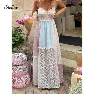 Women Summer Maxi Dress Elegance Mixed Print Patchwork Lace-up Back Sweetheart-neckline A-line Hem Comfort Vocation Dress