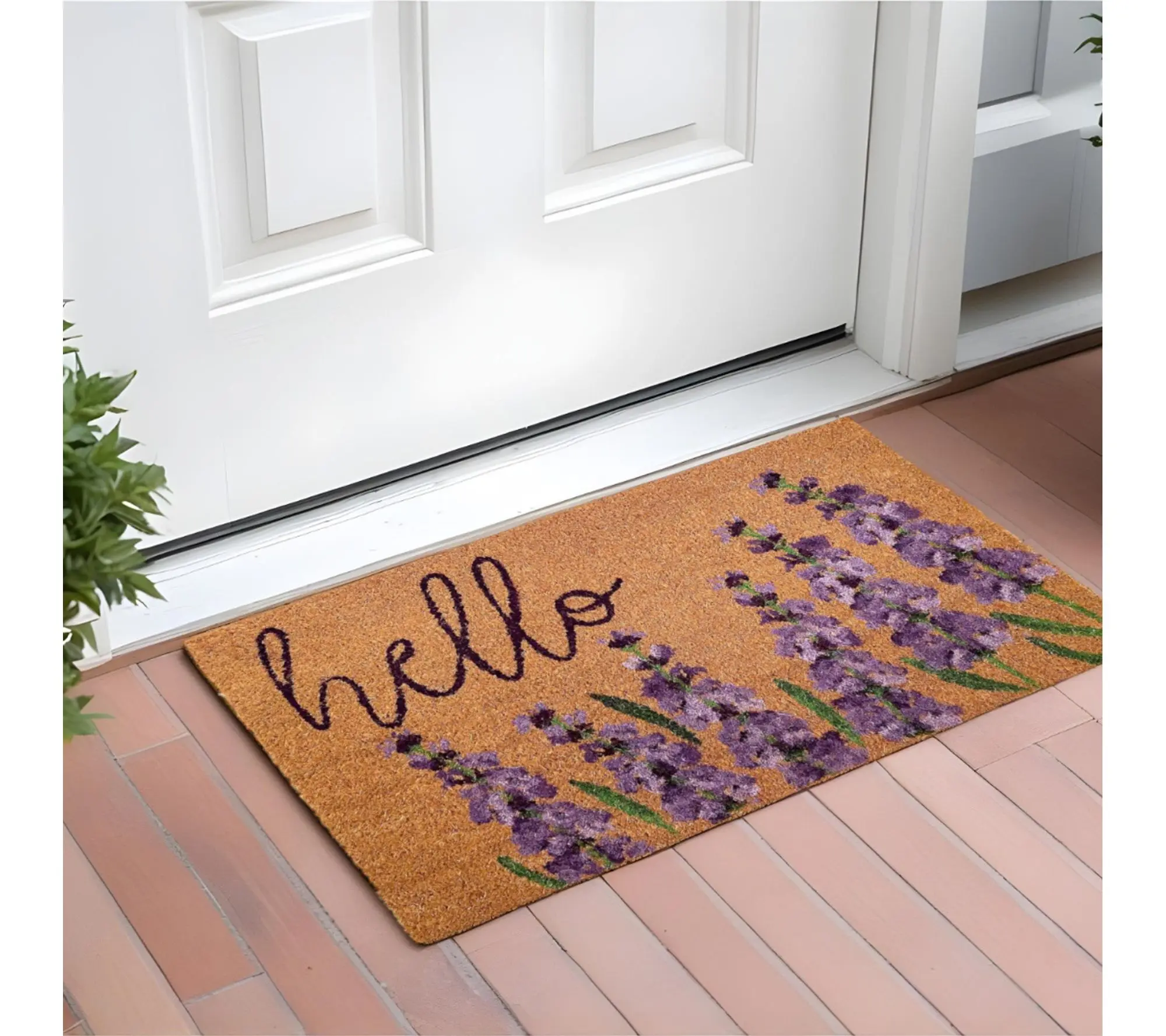HomeRoots 17" X 29" Purple Coir Floral Hello Outdoor Door Mat