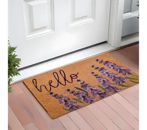 HomeRoots 17" X 29" Purple Coir Floral Hello Outdoor Door Mat