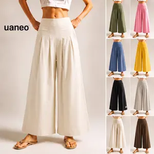UANEO Cotton Linen Pants for Women ,High Waisted ,Wide Leg Culottes Pants, Elastic Waist ,Pockets,Palazzo Boho Pants Trousers,Minimalist Basic Casual Women's Clothes Capri Pants,summer casual chic outfit,vacationoutfits,beachoutfits,summerwins