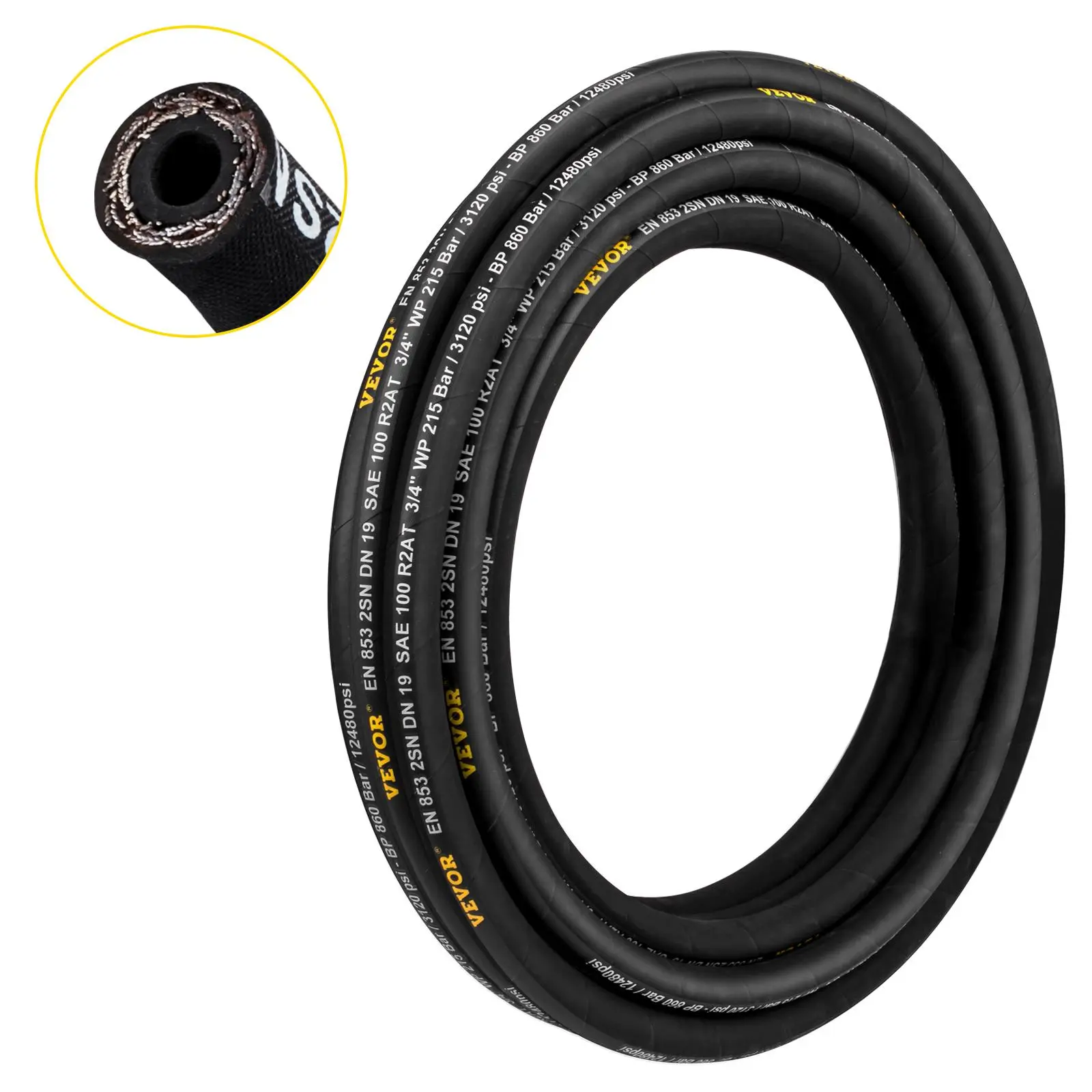 【Summerfinds】VEVOR Hydraulic Hose 3/4 inch x 50 ft, Coiled Hydraulic Hose 3120 PSI, Rubber Hydraulic Hose with 2 High-Tensile Steel Wire Braid, Bulk Hydraulic Hose -20℃ to 140℃, Hydraulic Oil Flexible Hose