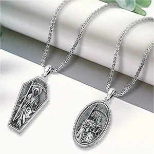 DRINSPER Santa Muerte Necklace 925 Sterling Silver Saint Holy Death Grim Reaper Necklace Day of the Dead Jewelry Gifts for Men Women