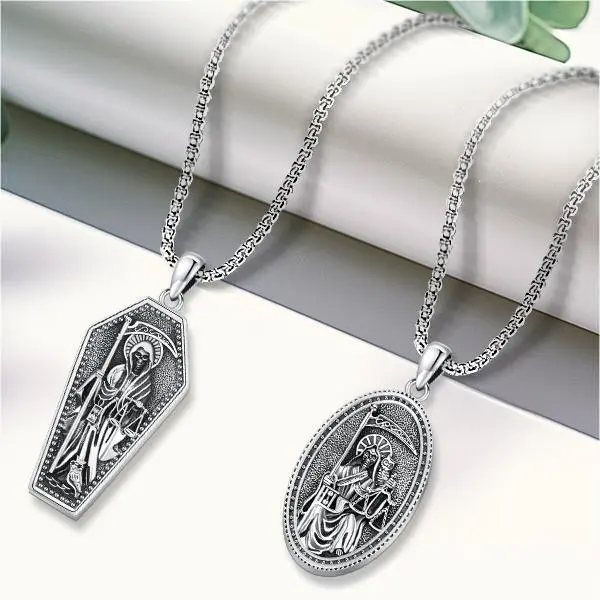 DRINSPER 925 Sterling Silver Santa Muerte Skull Pendant Necklace - Saint Holy Death Grim Reaper Jewelry Gift for Men, Skull Necklace