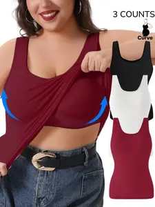 【Plus Size】 Solid Color Tank Top Built in-Bra, Breathable Comfortable Padded Sleeveless Wide Strap Top, High Stretchy&Soft Vest,Women's Underwear for All Seasons,Daily and Go Outing