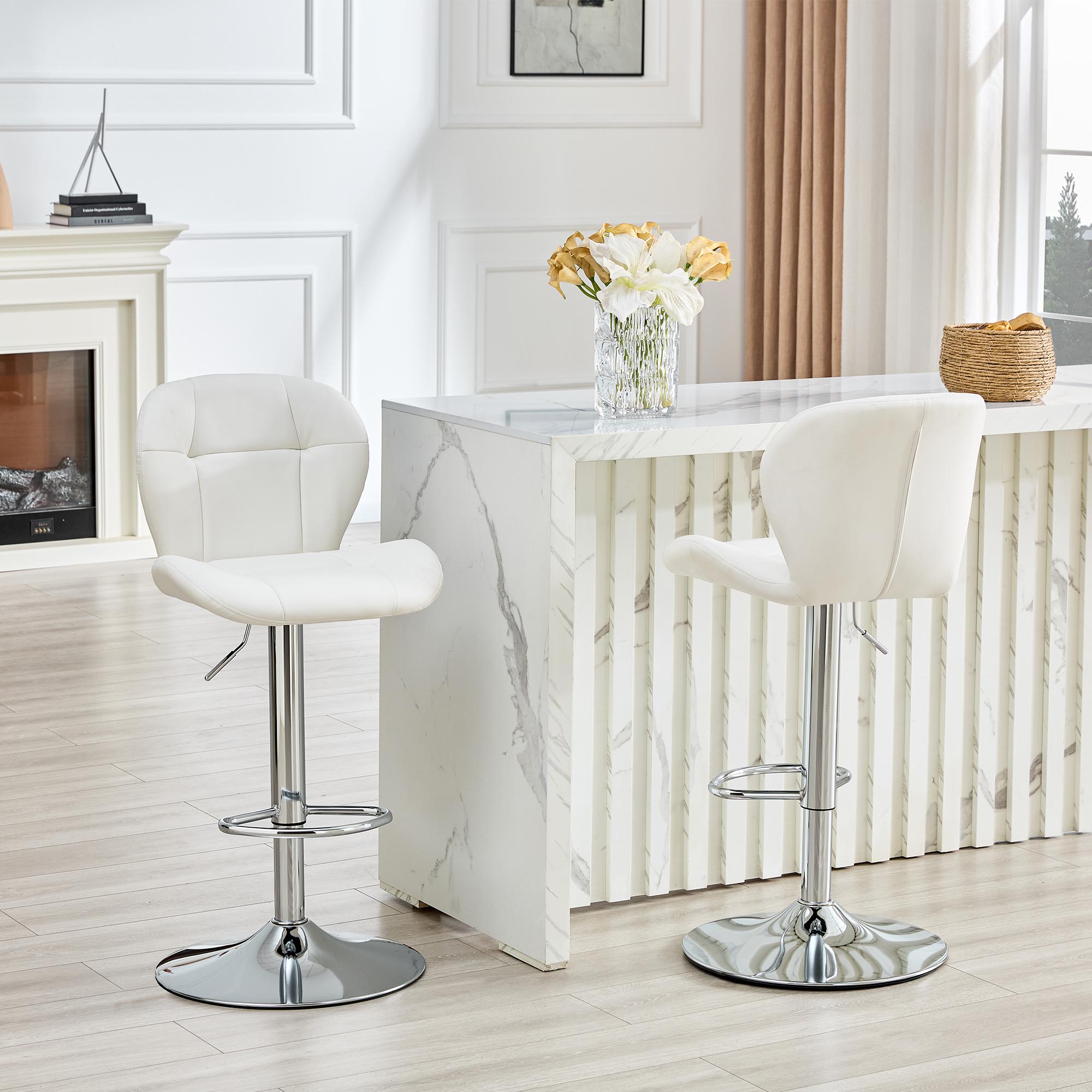 Set of 2 Adjustable Bar Stools, PU Upholstered Tufted Backrest Chairs with Chrome Footrest for Kitchen Island Pub Bar, White