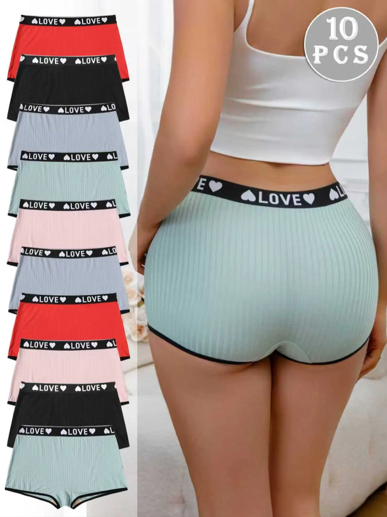 Women's Coarse Ribbed Underwear Set, Love Belt Design, Comfortable Breathable Fabric, Casual Fitted Style, Natural Waist, All Seasons, Panties, Fashion Breathable Underwear