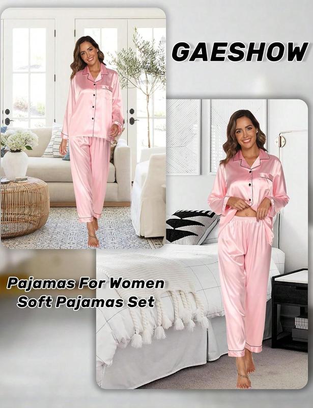 Silk Women Long Sleeve Button Down Sleepwear 2 Piece Loungewear Pjs Set Fall PjsHalloween Christmas New Year - Green