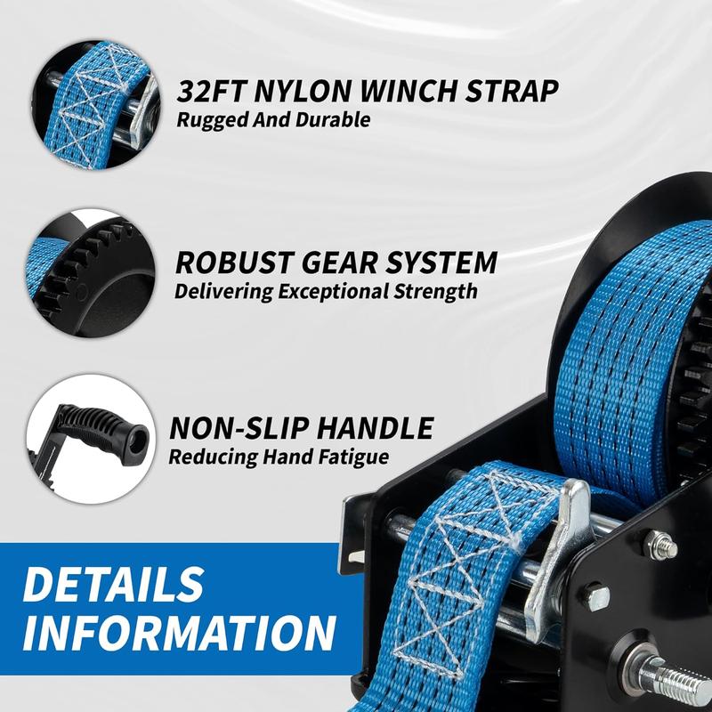 3500lbs Heavy Duty Boat Trailer Winch with 32FT Strap2-Way Ratchet 4:1/8:1 Gear Trailer WinchPortable Hand Crank Winch for Boat, , Trailer, RV, ATV, Jet Ski