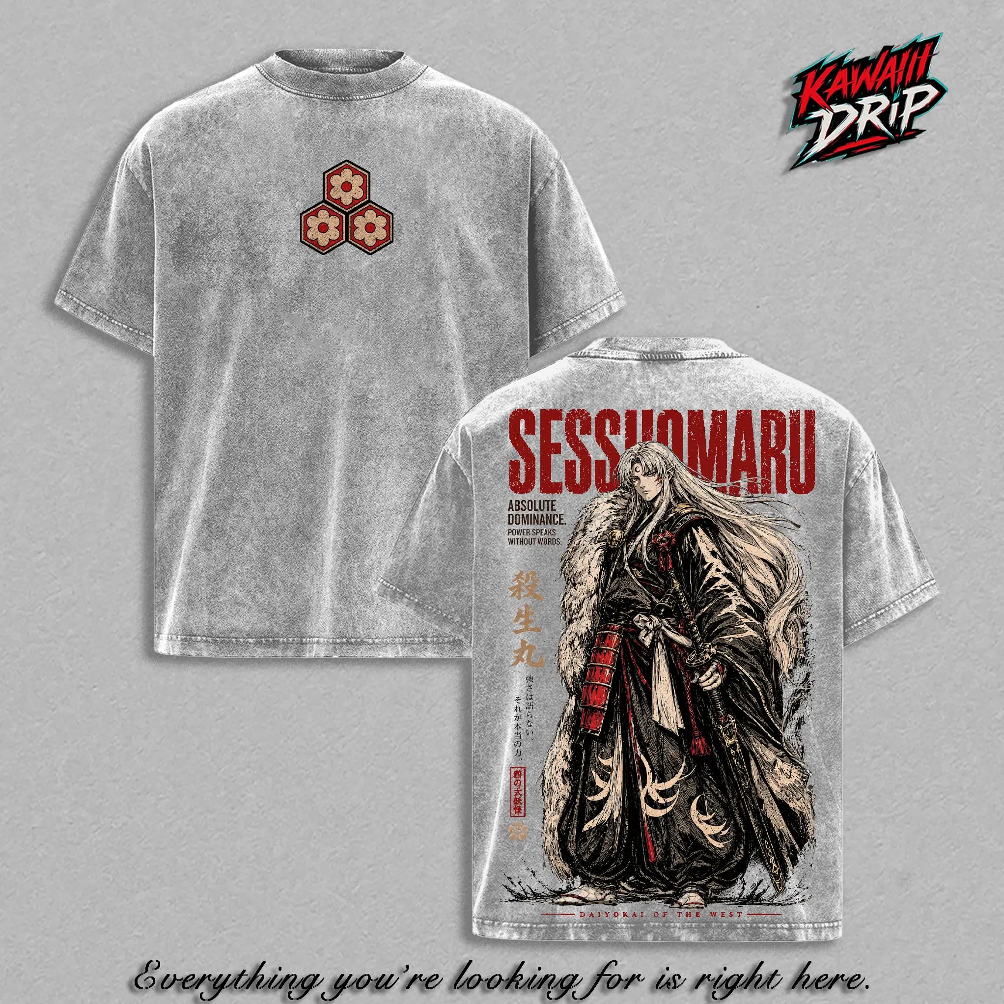 Sesshomaru T-Shirt Washed – Inuyasha Anime Manga Graphic Double Printed Tee, Menswear Heavy Cotton Unisex Oversize Streetwear Top Vintage Edition, Japanese Anime Fan Gift Apparel