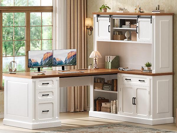 SEDETA 67" Farmhouse L Shaped Desk with Hutch, Executive Home Office Desks with 4 Drawers & Storage Cabinet, Corner Computer Desk with Sliding Doors, File Drawer & Power Outlet