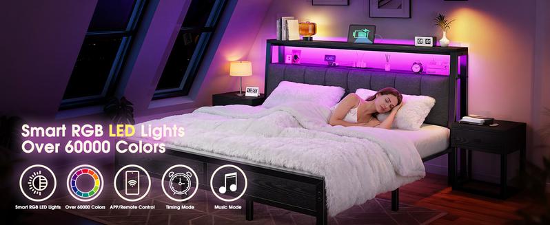 Raybee LED Bed Frame with Charge Station for Queen, Full, King, Platform Bed Frame with Upholstered Ergonomic Heardboard , 2 Tiers of Shelves & 12" Underbed Storage, Industrial Modern Bedroom Furniture, 1000lbs Capacity with Metal Slats & Frame, Black