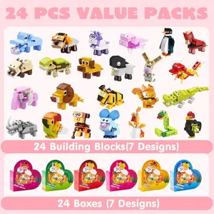 24 Packs Valentines Animal Building Blocks with Hearts Party Favors for Kids Valentine Classroom Prize, Classroom Gift Exchange School Rewards