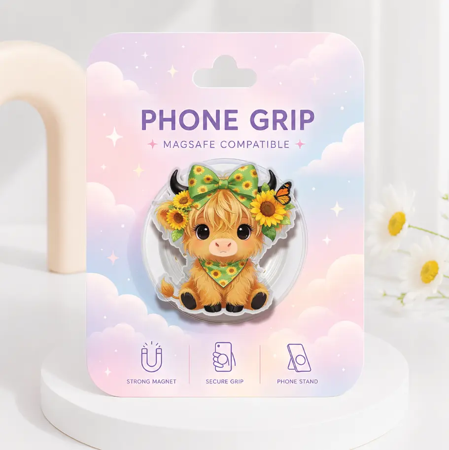 ATBG Green Coquette Highland Cow MagSafe Phone Grip, Sunflower Cute Animal Magnetic Phone Holder, Kawaii Floral Highland Cow Kindle Grip, Gift for Cow Lovers