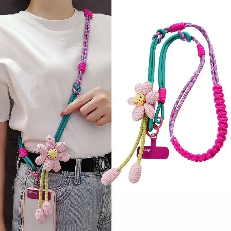 Mobile phone lanyard, Cell phone lanyard, women's style, cross-body strap, can be worn around the neck or wrist, Multi-functional, woven cord, light and fresh, perfect for outdoor travel, hiking, Flower Phone Lanyard, Phone Lanyard Crossbody