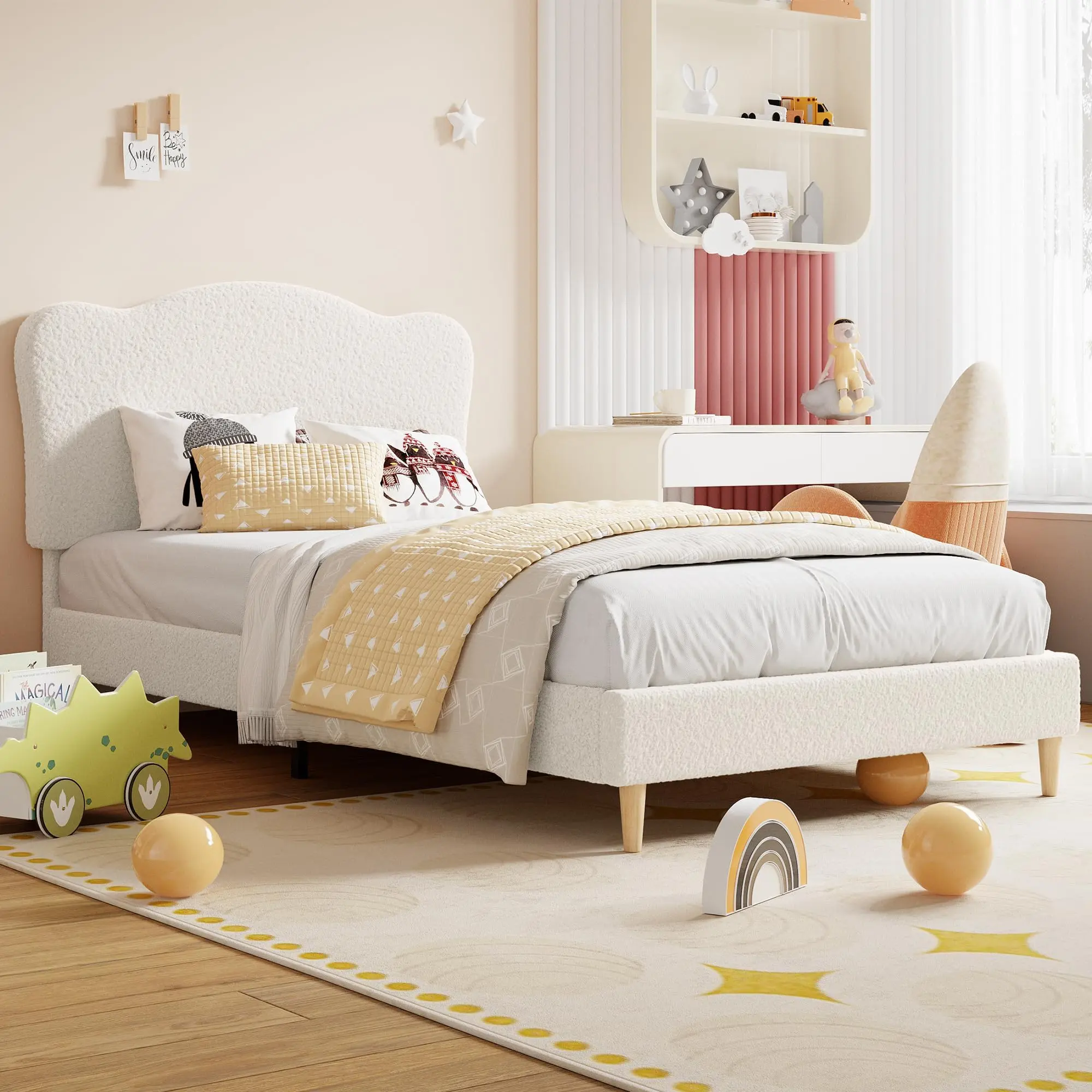 Garvee Upholstered XL Size Double Bed for Kids with Headboard and Shell Headboard, Cute Velvet Double Bed for Girls, Boys, Sturdy Platform Bed, No Box Spring Needed