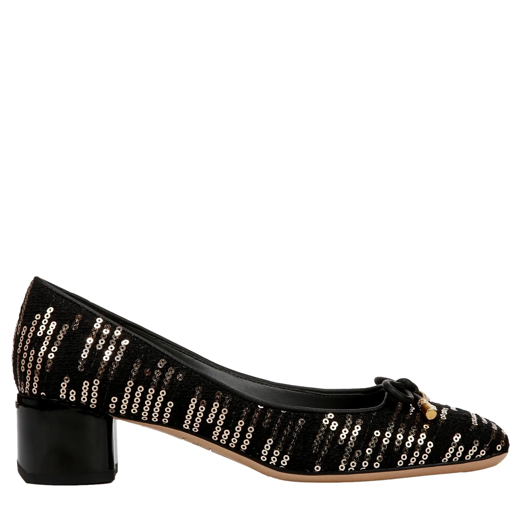 Franco Sarto Natalia Block Heel Ballet Pumps Black / Gold Fabric  I9117F3003 Women's
