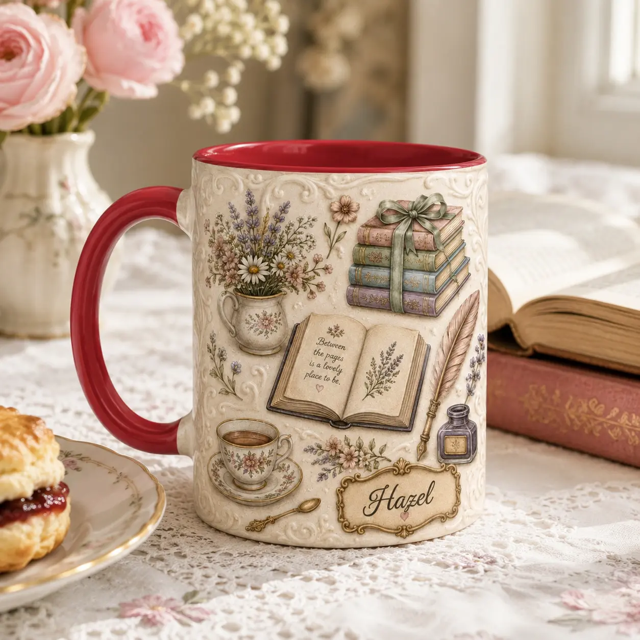 Glossy Classic Ceramic Personalized Antique Lavender Printed Floral Mug - Custom Name Drinkware Gift for Cottagecore Book Readers, Aesthetic Romantic Tea & Coffee Cup
