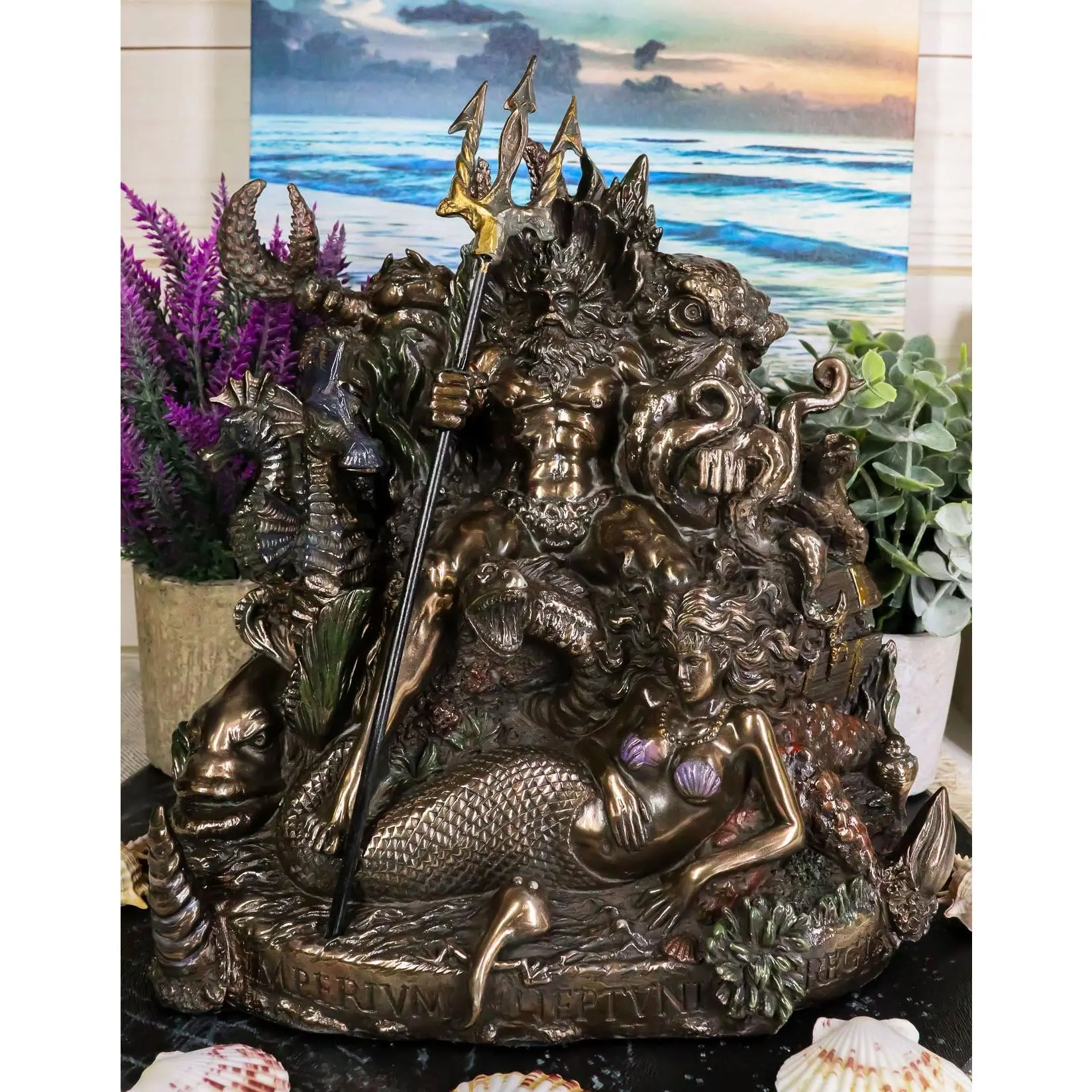 Greek Sea God Poseidon Composite Resin Figurine - 10.5in Tall Polished Finish Statue with Trident Detail, Sitting on Throne for Home Decor, Ideal for Mythology Fans