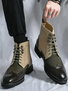 Men's Business Fashion Lace Up Front Ankle Boots, Casual Comfortable Patchwork Design Boots for Daily Wear, Male All-match Shoes for Fall & Winter, Vintage Soul Boots