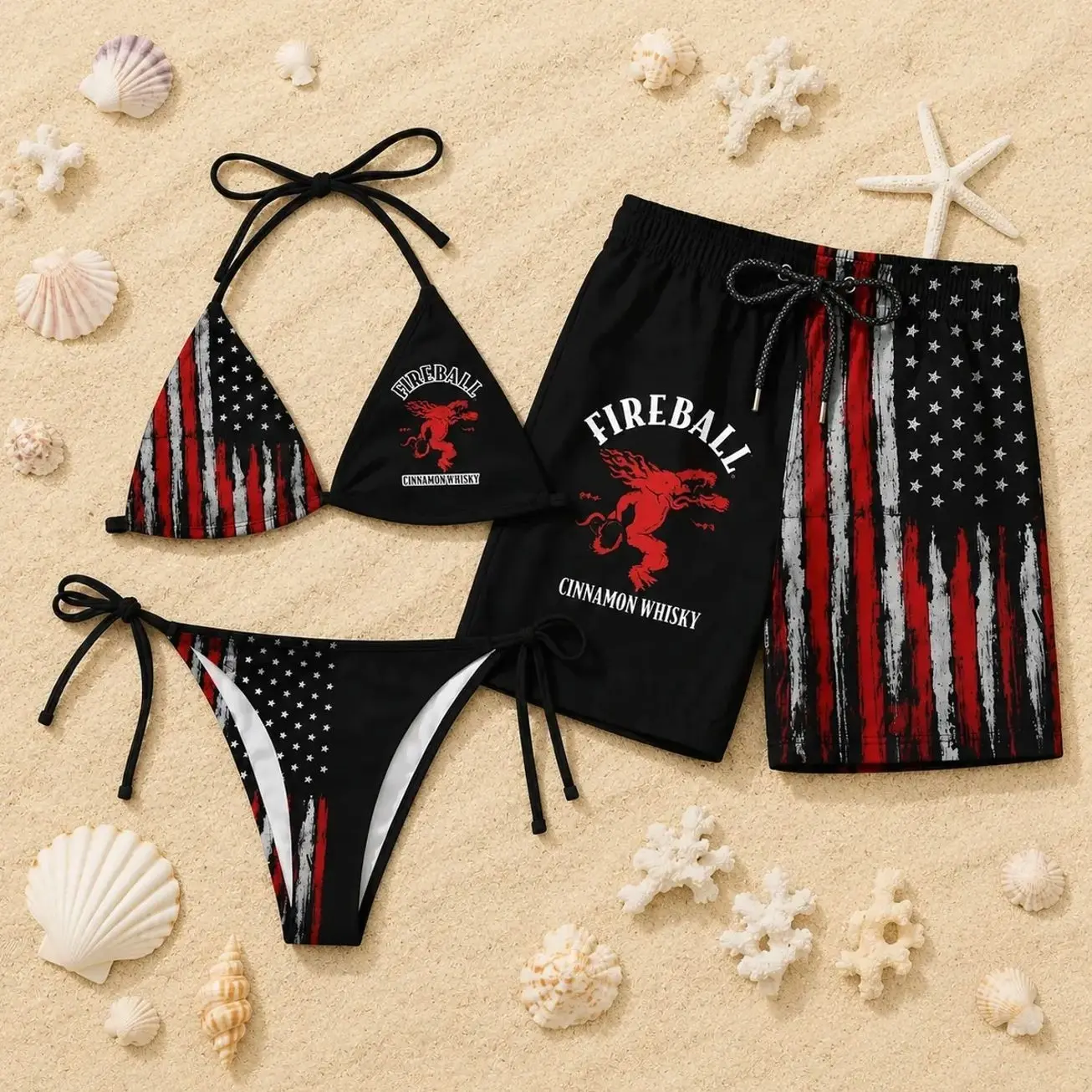 Fireball American Flag Couple Swimwear – Matching Bikini & Men’s Swim Shorts, Patriotic His & Hers 4th of July Beach Vacation Swimsuits E2T