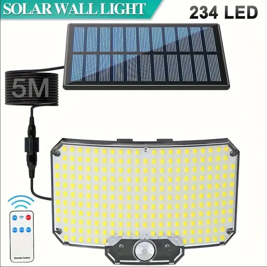 TEMPOMIND 234-LED Solar Outdoor Wall Light, IP44 Rated Water Resistant, 5m Range Motion Sensor, Remote Control, Auto Dusk-Dawn Mode, DEHP-Free Rechargeable Secondary Cells, Security Lighting for Courtyard, Garage