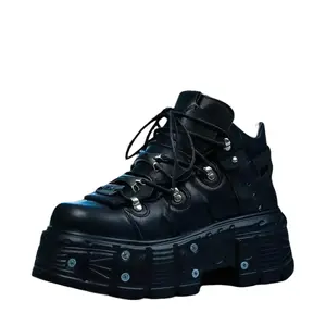 Women's Round Toe Punk Boots Gothic Lace-Up Platform Biker Boots with Chunky Heel