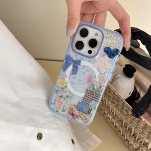 Magnetic 2 in 1 Bow Pattern Phone Case Casing with Bow Holder, Smartphone Protective Cover, Phone Accessories with Protection Compatible with iPhone 16 Pro Max 15 Pro Max 14 Pro 13, Cellphone