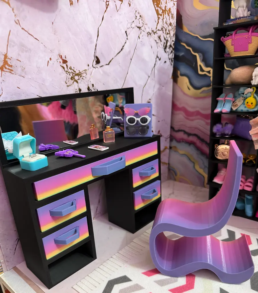 11.5" Doll Vanity with Mirror, Makeup Vanity Set with Designer Chair, Pull-Out Drawer for Indoor Furniture Use