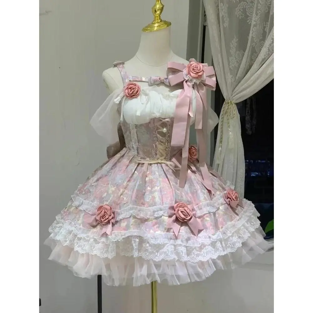 Sweet Lolita Women Princess Dress Off Shoulder Sling Design Elegant Bow Lace Slim Kawaii Female Cute Party Casual Lolita Outfits