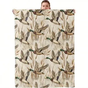 Mallard Duck Flannel Throw Blanket - Cozy Soft Lightweight Vintage Style, Flying Ducks & Reeds Wildlife Design , Super Soft Suitable Flannel Blanket  For All Seasons, Washable, Machine Washable, Lightweight, Breathable, Comfortable, Warm