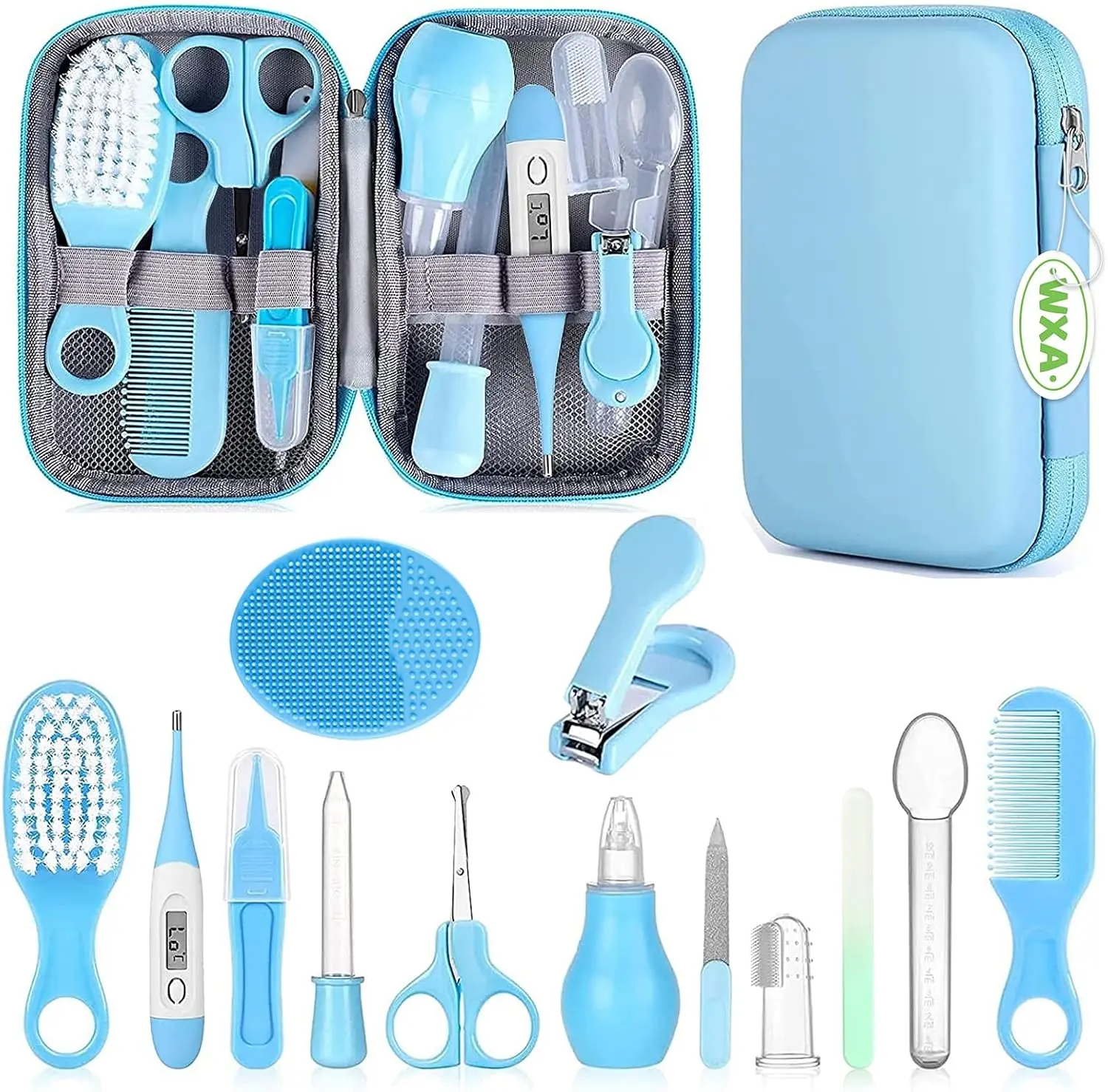 Baby Healthcare and Grooming Kit, Infant Safety Care Set with Hair Brush Comb, Oral Cleaner, Nasal Aspirator for Newborn Boys Girls (14 Kits Blue)