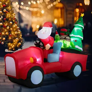 7ft Tall Irregular PVC Christmas Inflatable Decoration, Waterproof, Bright LED Lights, Power Adaptor, Santa Claus on Train Carrying Turtle & Christmas Tree, Outdoor Decor for Lawn, Garden