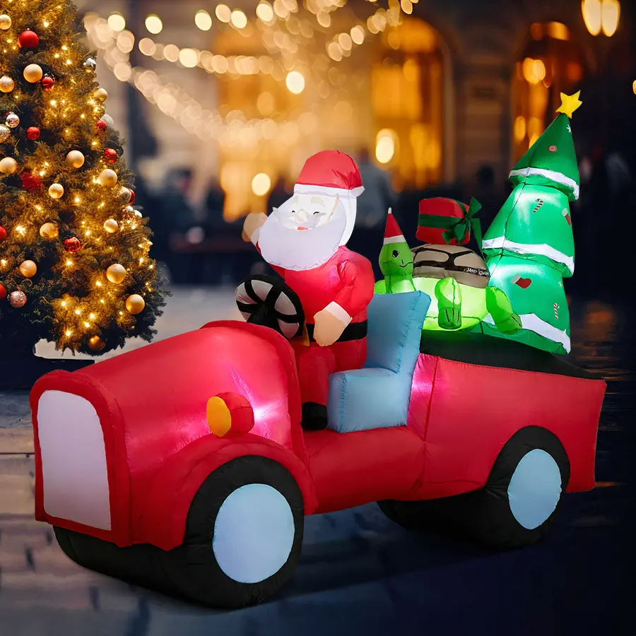7ft Tall Irregular PVC Holiday Christmas Inflatable Decoration - Waterproof, Bright LED Lights, Power Adaptor, Easy-Install Floor-Mount, Santa Claus on Train with Turtle & Christmas Tree, Outdoor Lawn Decor, Water Proof