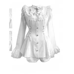 Y2k Aesthetic Lolita Style Bow Dress Shorts Set Women Kawaii Lace Flare Sleeve Bow Shirt Dress Japanese Punk Party Mini Dress
