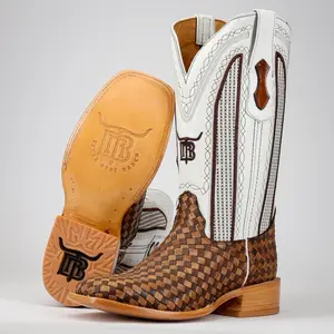 Tan Basketweave Leather Boots -Square Toe
