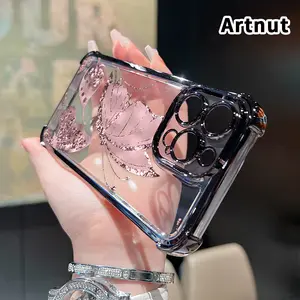 Rose - hued Flutter Pattern Four Corner Anti-Fall Phone Case Transparent Electroplated Protective Cover for iPhone 17 Air 16 Pro Max 15 Plus 14 13 12 11 E