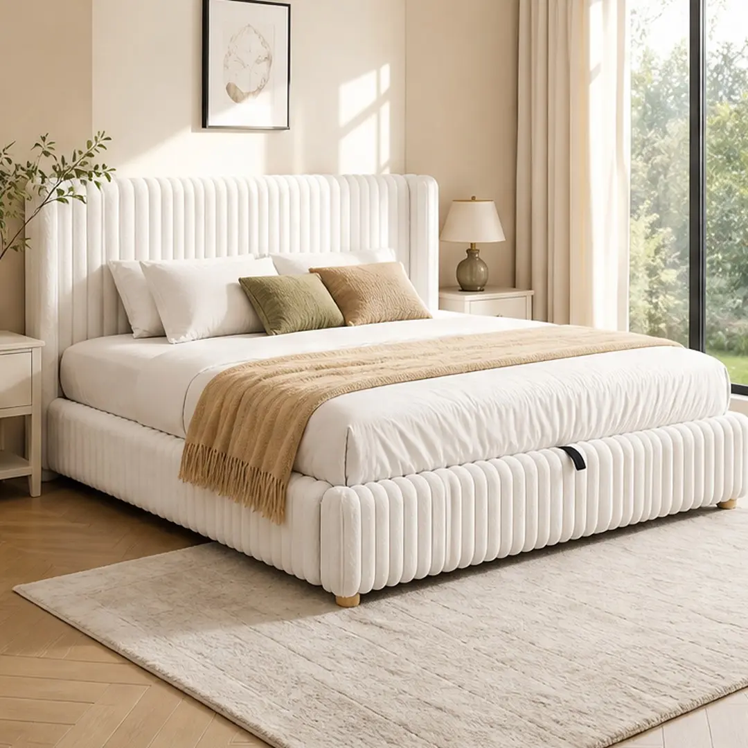 Durable King Size Upholstered Arc Daybed - Vertical Striped Rabbit Fur Fabric, Cream Beige, Gas Lift Hydraulic Storage, Solid Wood Slats, Silent No-Creak Mechanism, Modern Luxury Indoor Bedroom Furniture, Easy Assembly, Beige Color Option